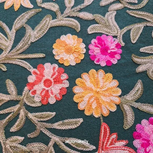 Green "Cashmere" Scarf with Chain Stitch Embroidery Flowers and Leaves - Picture 2 of 16